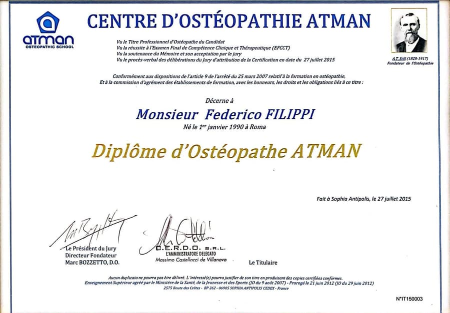 Diploma D.O.A. — Accademia ATMAN, riconosciuto dal Ministero della Salute francese